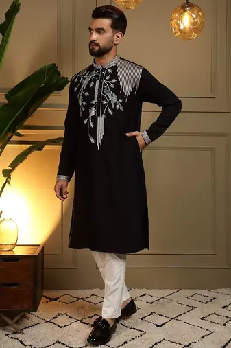Black viscos embroidery print party wear kurta and payjama
