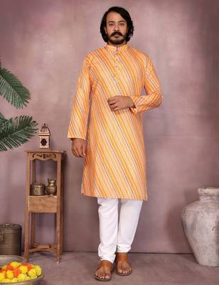 Yellow cotton sequence work and print kurta and payjama 1