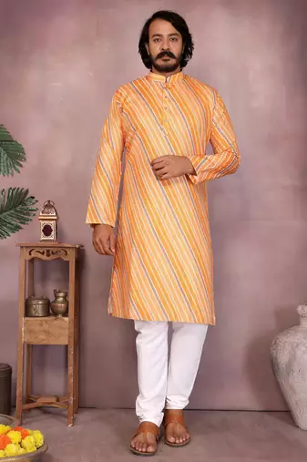 Yellow cotton sequence work and print kurta and payjama