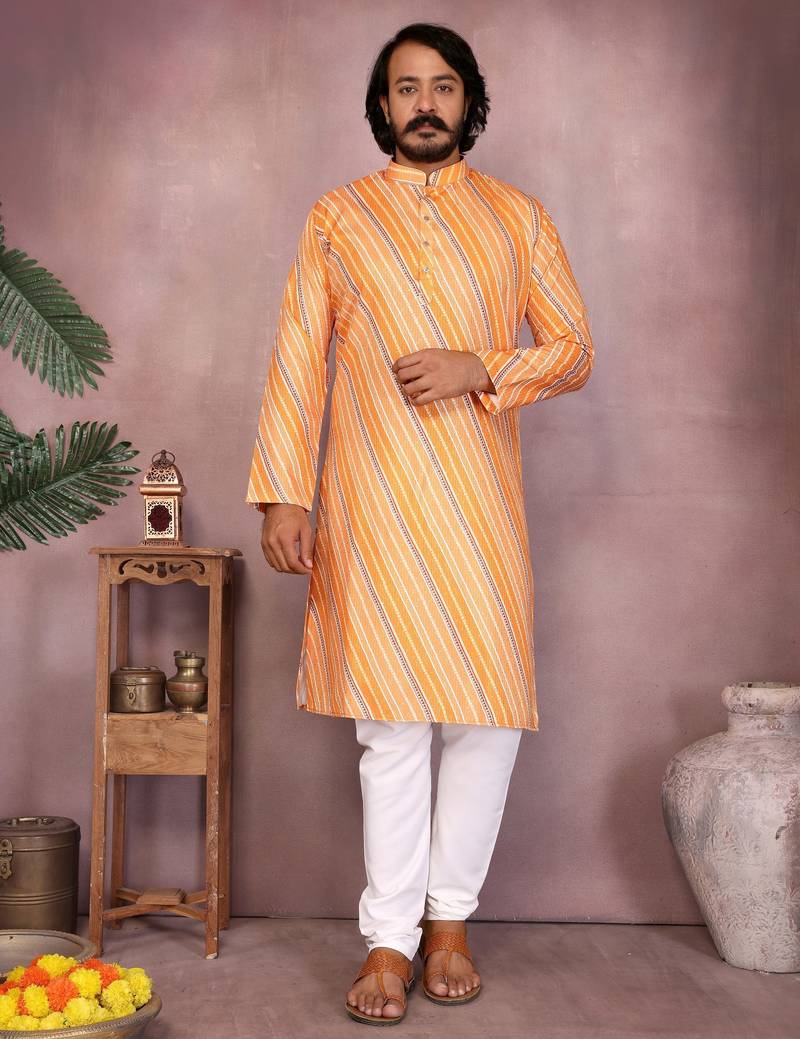 Yellow cotton sequence work and print kurta and payjama