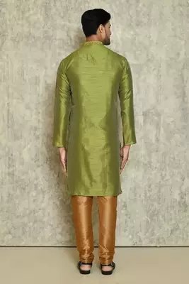Green  art silk mens  kurta with churidar set 2