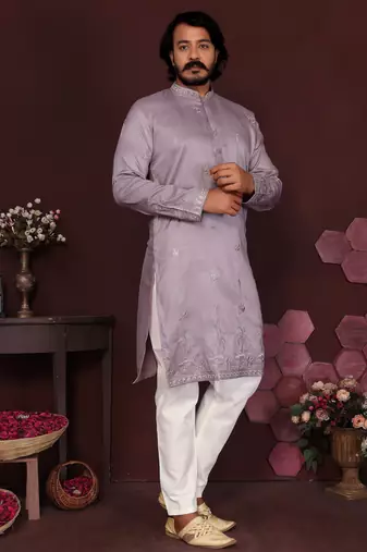 Peach smart silk embroidery party wear kurta and payjama