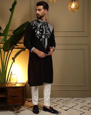 Black viscos embroidery print party wear kurta and payjama 3