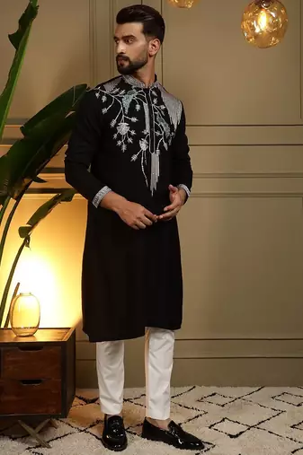 Black viscos embroidery print party wear kurta and payjama