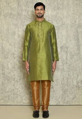 Green  art silk mens  kurta with churidar set 3