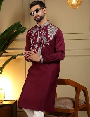 Maroon viscos embroidery print party wear kurta and payjama 3