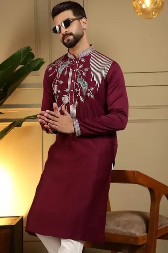 Maroon viscos embroidery print party wear kurta and payjama