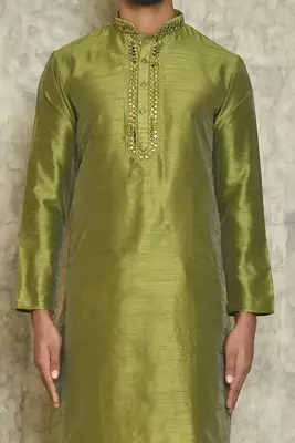Green  art silk mens  kurta with churidar set 4