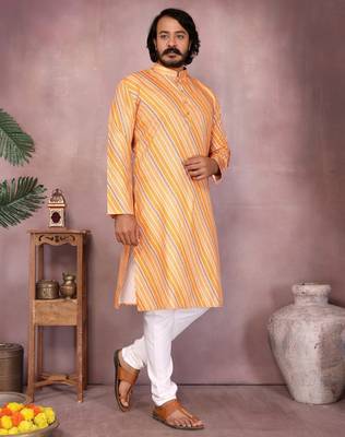 Yellow cotton sequence work and print kurta and payjama 2