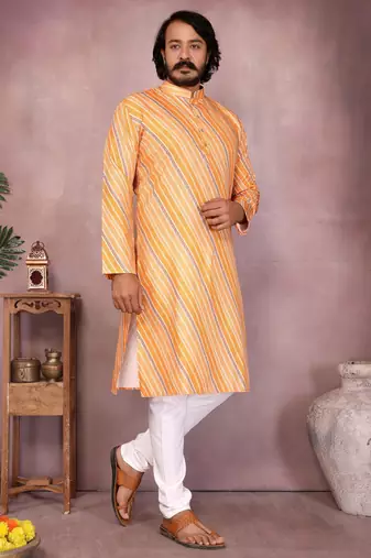 Yellow cotton sequence work and print kurta and payjama
