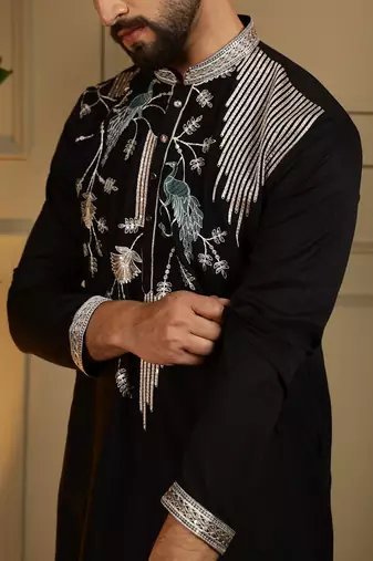Black viscos embroidery print party wear kurta and payjama