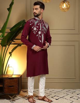 Maroon viscos embroidery print party wear kurta and payjama 4