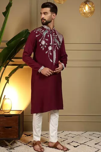 Maroon viscos embroidery print party wear kurta and payjama