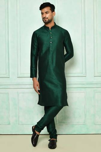 Dark green art silk mens  kurta with churidar set