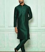 Dark green art silk mens  kurta with churidar set
