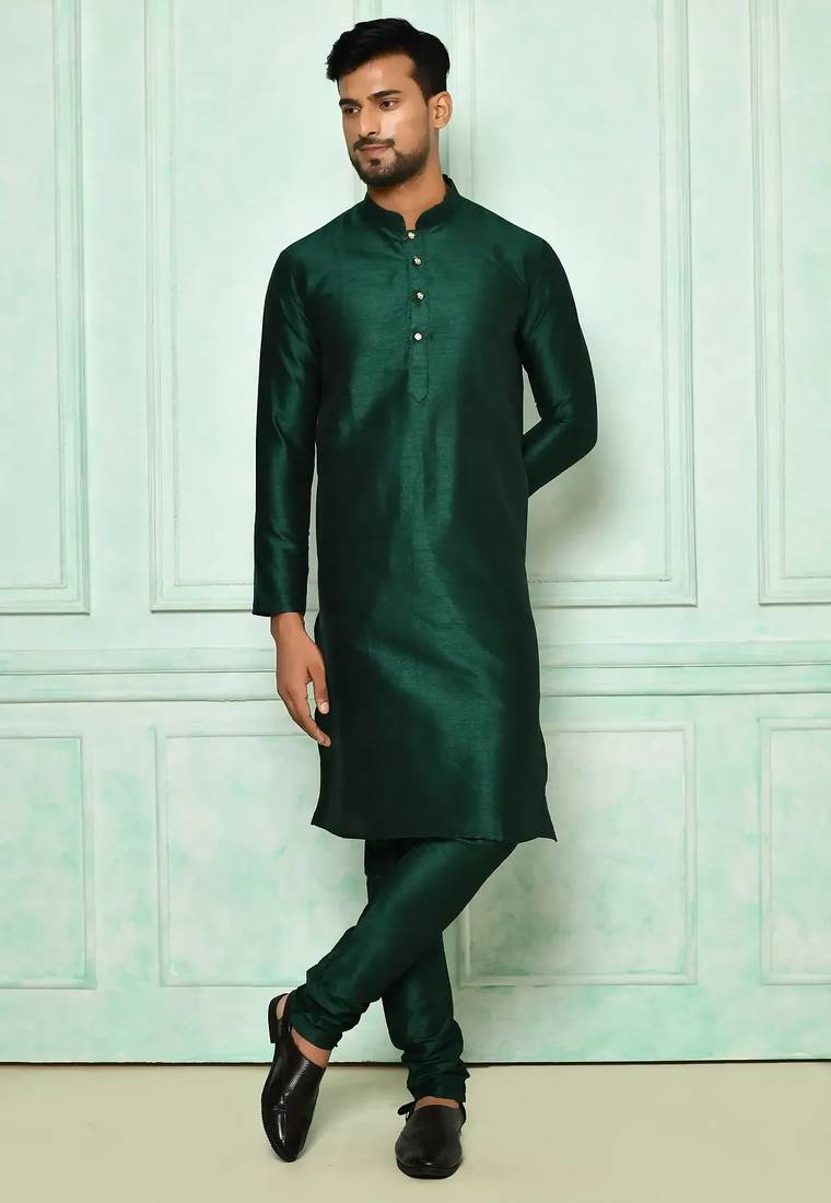 Dark green art silk mens  kurta with churidar set