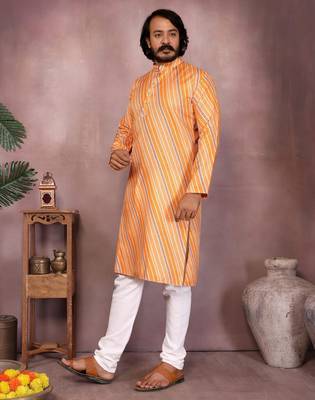 Yellow cotton sequence work and print kurta and payjama 3
