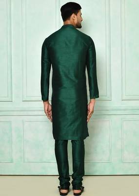 Dark green art silk mens  kurta with churidar set 2