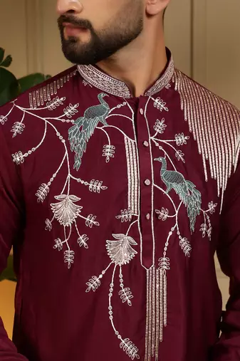 Maroon viscos embroidery print party wear kurta and payjama