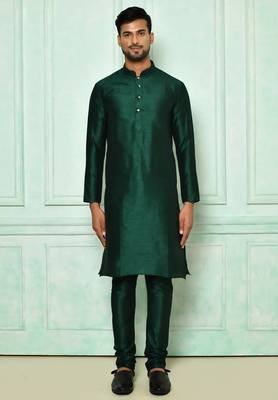 Dark green art silk mens  kurta with churidar set 3