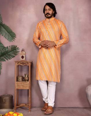 Yellow cotton sequence work and print kurta and payjama 4