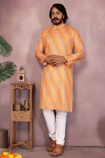 Yellow cotton sequence work and print kurta and payjama
