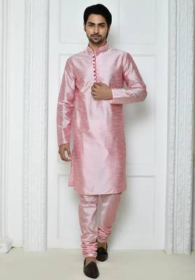 Pink  art silk mens  kurta with churidar set 1