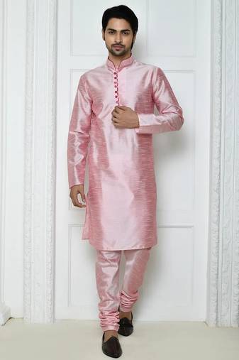 Pink  art silk mens  kurta with churidar set