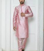 Pink  art silk mens  kurta with churidar set