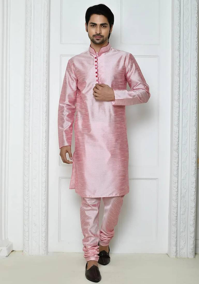 Pink  art silk mens  kurta with churidar set