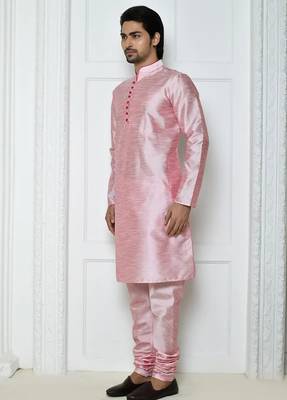 Pink  art silk mens  kurta with churidar set 3