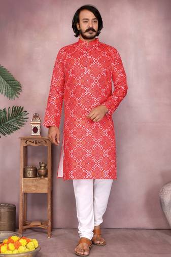 Orange cotton sequence work and print kurta and payjama