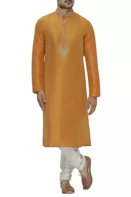 Yellow art silk mens  kurta with churidar set 1