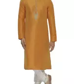 Yellow art silk mens  kurta with churidar set