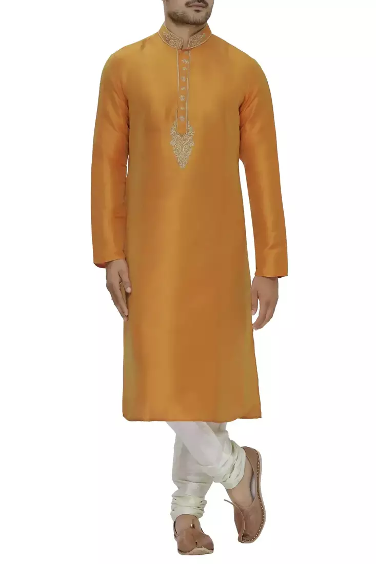 Yellow art silk mens  kurta with churidar set