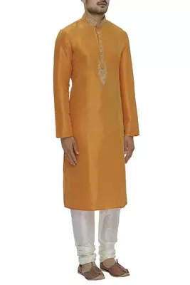 Yellow art silk mens  kurta with churidar set 3