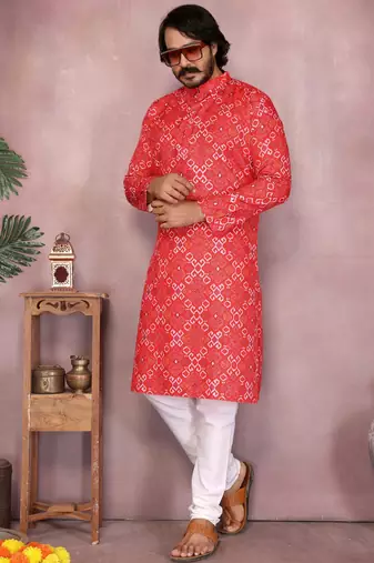 Orange cotton sequence work and print kurta and payjama
