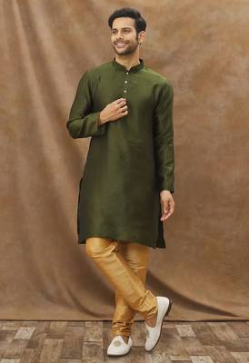 Green  art silk mens  kurta with churidar set 1