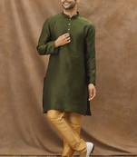 Green  art silk mens  kurta with churidar set