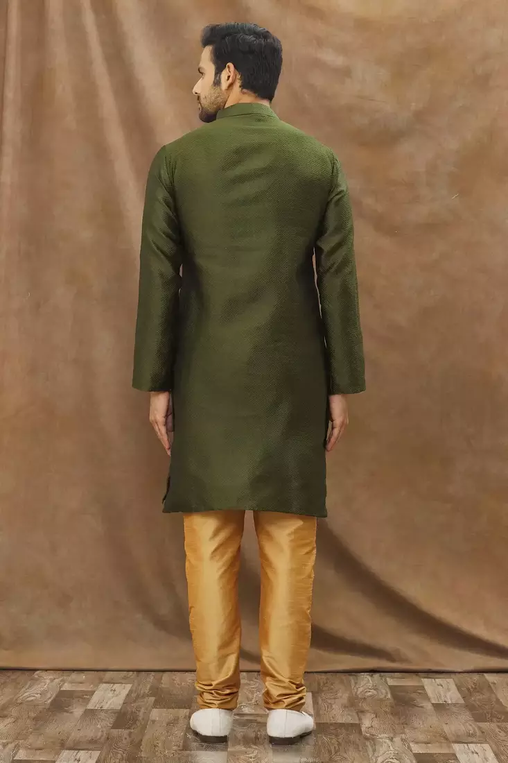 Green  art silk mens  kurta with churidar set