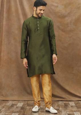 Green  art silk mens  kurta with churidar set 3