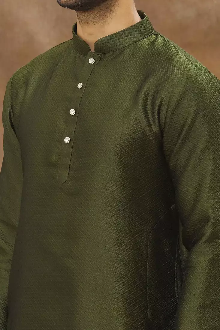 Green  art silk mens  kurta with churidar set
