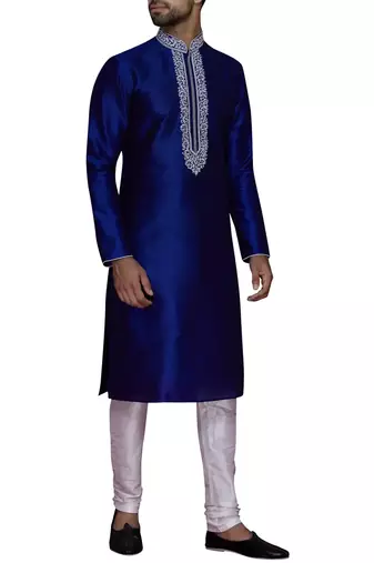 Blue  art silk mens  kurta with churidar set