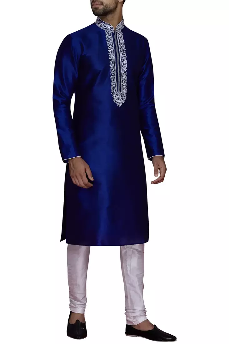 Blue  art silk mens  kurta with churidar set