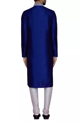 Blue  art silk mens  kurta with churidar set 2