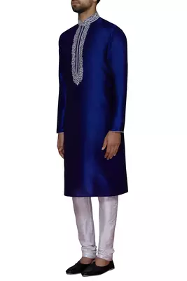Blue  art silk mens  kurta with churidar set 3