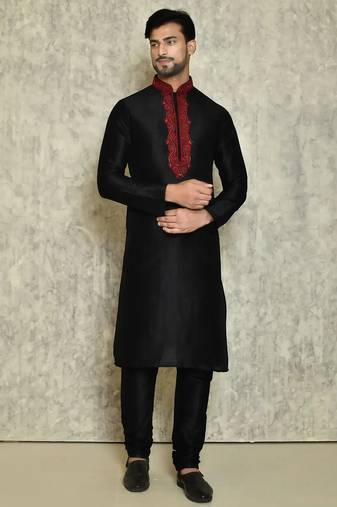 Black art silk mens  kurta with churidar set
