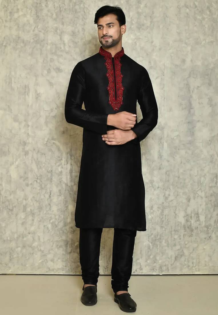 Black art silk mens  kurta with churidar set