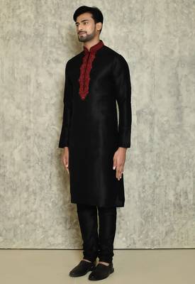 Black art silk mens  kurta with churidar set 3