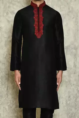 Black art silk mens  kurta with churidar set 4